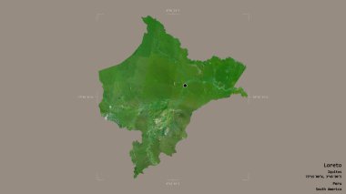 Loreto bölgesi, Peru bölgesi, katı bir arka planda izole edilmiş bir sınır kutusunda. Etiketler. Uydu görüntüleri. 3B görüntüleme