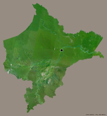 Loreto 'nun şekli, Peru bölgesi, başkenti katı renk arkaplanı ile izole edilmiştir. Uydu görüntüleri. 3B görüntüleme