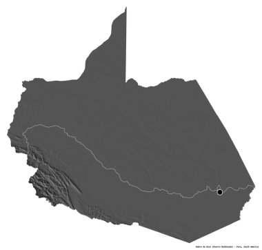 Peru 'nun başkenti Madre de Dios' un beyaz arka planda izole edilmiş hali. Çift seviyeli yükseklik haritası. 3B görüntüleme