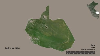 Peru 'nun başkenti Madre de Dios' un katı arka planda izole edilmiş hali. Uzaklık ölçeği, bölge önizlemesi ve etiketleri. Uydu görüntüleri. 3B görüntüleme