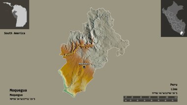 Moquegua 'nın şekli, Peru bölgesi ve başkenti. Uzaklık ölçeği, ön gösterimler ve etiketler. Topografik yardım haritası. 3B görüntüleme