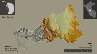 Pasco 'nun şekli, Peru bölgesi ve başkenti. Uzaklık ölçeği, ön gösterimler ve etiketler. Topografik yardım haritası. 3B görüntüleme