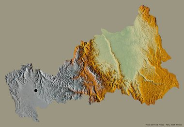 Peru 'nun Pasco bölgesi, başkenti katı renk arkaplanı ile izole edilmiştir. Topografik yardım haritası. 3B görüntüleme