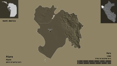 Piura 'nın şekli, Peru bölgesi ve başkenti. Uzaklık ölçeği, ön gösterimler ve etiketler. Renkli yükseklik haritası. 3B görüntüleme