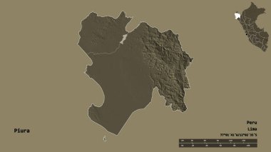 Başkenti sağlam bir zemin üzerinde izole edilmiş, Peru bölgesi olan Piura 'nın şekli. Uzaklık ölçeği, bölge önizlemesi ve etiketleri. Renkli yükseklik haritası. 3B görüntüleme