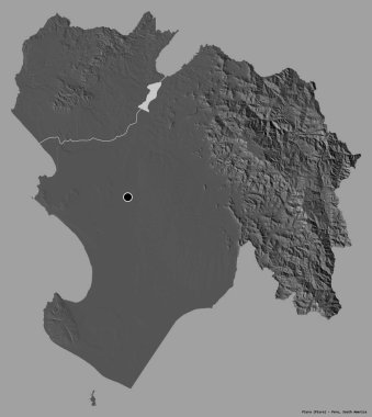 Peru 'nun Piura bölgesi, başkenti katı renk arkaplanı ile izole edilmiştir. Çift seviyeli yükseklik haritası. 3B görüntüleme