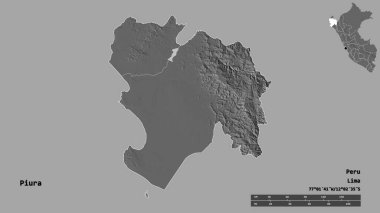 Başkenti sağlam bir zemin üzerinde izole edilmiş, Peru bölgesi olan Piura 'nın şekli. Uzaklık ölçeği, bölge önizlemesi ve etiketleri. Çift seviyeli yükseklik haritası. 3B görüntüleme