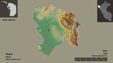 Piura 'nın şekli, Peru bölgesi ve başkenti. Uzaklık ölçeği, ön gösterimler ve etiketler. Topografik yardım haritası. 3B görüntüleme