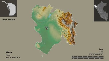 Shape of Piura, region of Peru, and its capital. Distance scale, previews and labels. Topographic relief map. 3D rendering clipart