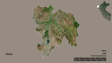 Başkenti sağlam bir zemin üzerinde izole edilmiş, Peru bölgesi olan Piura 'nın şekli. Uzaklık ölçeği, bölge önizlemesi ve etiketleri. Uydu görüntüleri. 3B görüntüleme