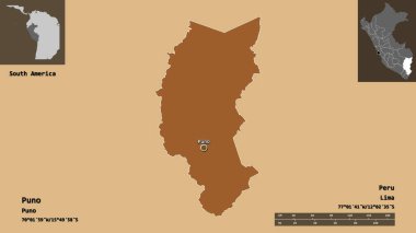Puno 'nun şekli, Peru bölgesi ve başkenti. Uzaklık ölçeği, ön gösterimler ve etiketler. Düzenli desenli dokuların bileşimi. 3B görüntüleme