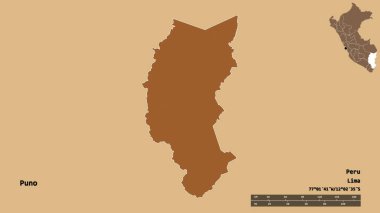 Peru 'nun Puno bölgesi, başkenti katı bir zemin üzerinde izole edilmiştir. Uzaklık ölçeği, bölge önizlemesi ve etiketleri. Düzenli desenli dokuların bileşimi. 3B görüntüleme