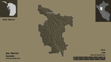San Martin 'in şekli, Peru bölgesi ve başkenti. Uzaklık ölçeği, ön gösterimler ve etiketler. Renkli yükseklik haritası. 3B görüntüleme