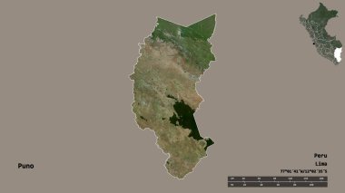 Peru 'nun Puno bölgesi, başkenti katı bir zemin üzerinde izole edilmiştir. Uzaklık ölçeği, bölge önizlemesi ve etiketleri. Uydu görüntüleri. 3B görüntüleme