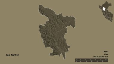 San Martin 'in şekli, Peru bölgesi, başkenti sağlam bir zemin üzerinde izole edilmiş. Uzaklık ölçeği, bölge önizlemesi ve etiketleri. Renkli yükseklik haritası. 3B görüntüleme
