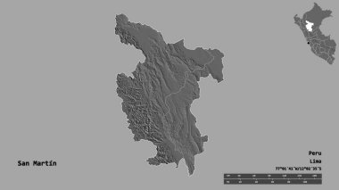 San Martin 'in şekli, Peru bölgesi, başkenti sağlam bir zemin üzerinde izole edilmiş. Uzaklık ölçeği, bölge önizlemesi ve etiketleri. Çift seviyeli yükseklik haritası. 3B görüntüleme