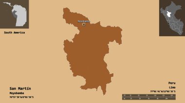 San Martin 'in şekli, Peru bölgesi ve başkenti. Uzaklık ölçeği, ön gösterimler ve etiketler. Düzenli desenli dokuların bileşimi. 3B görüntüleme