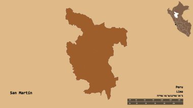 San Martin 'in şekli, Peru bölgesi, başkenti sağlam bir zemin üzerinde izole edilmiş. Uzaklık ölçeği, bölge önizlemesi ve etiketleri. Düzenli desenli dokuların bileşimi. 3B görüntüleme