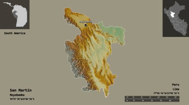 San Martin 'in şekli, Peru bölgesi ve başkenti. Uzaklık ölçeği, ön gösterimler ve etiketler. Topografik yardım haritası. 3B görüntüleme