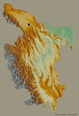 San Martin 'in şekli, Peru bölgesi, başkenti katı renk arkaplanı ile izole edilmiş. Topografik yardım haritası. 3B görüntüleme