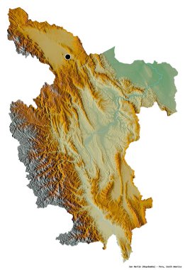 San Martin 'in şekli, Peru bölgesi, başkenti beyaz arka planda izole edilmiş. Topografik yardım haritası. 3B görüntüleme