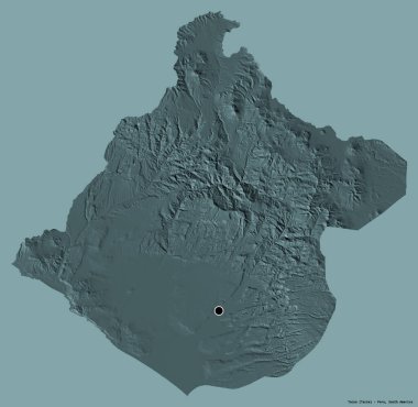 Tacna 'nın şekli, Peru bölgesi, başkenti katı renk arkaplanı ile izole edilmiş. Renkli yükseklik haritası. 3B görüntüleme