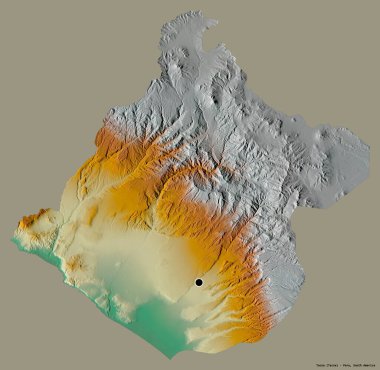 Tacna 'nın şekli, Peru bölgesi, başkenti katı renk arkaplanı ile izole edilmiş. Topografik yardım haritası. 3B görüntüleme