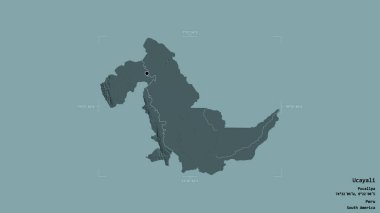 Peru 'nun Ucayali bölgesi, katı bir arka planda izole edilmiş bir sınır kutusunda. Etiketler. Renkli yükseklik haritası. 3B görüntüleme