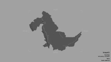 Peru 'nun Ucayali bölgesi, katı bir arka planda izole edilmiş bir sınır kutusunda. Etiketler. Çift seviyeli yükseklik haritası. 3B görüntüleme