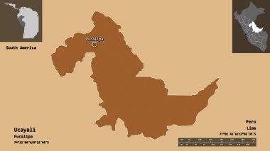 Ucayali 'nin şekli, Peru bölgesi ve başkenti. Uzaklık ölçeği, ön gösterimler ve etiketler. Düzenli desenli dokuların bileşimi. 3B görüntüleme