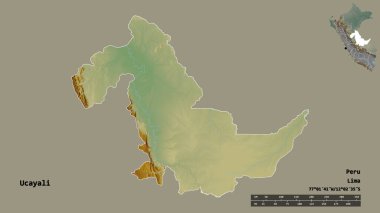 Peru 'nun Ucayali bölgesi, başkenti katı bir zemin üzerinde izole edilmiştir. Uzaklık ölçeği, bölge önizlemesi ve etiketleri. Topografik yardım haritası. 3B görüntüleme
