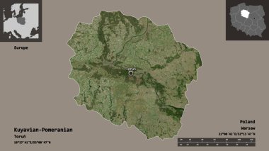 Kuyavian-Pomeranya 'nın şekli, Polonya' nın Voyvoda 'lığı ve başkenti. Uzaklık ölçeği, ön gösterimler ve etiketler. Uydu görüntüleri. 3B görüntüleme