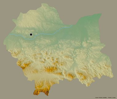 Polonya 'nın daha küçük şekli, Polonya' nın boşluğu, başkenti katı bir renk arka planına izole edilmiş. Topografik yardım haritası. 3B görüntüleme