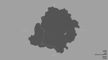 Tuhaf bir bölge, Polonya 'nın Voyvoda' sı, katı bir arka planda izole edilmiş bir sınır kutusunda. Etiketler. Çift seviyeli yükseklik haritası. 3B görüntüleme