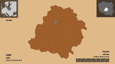 Odz 'un şekli, Polonya' nın Voyvoda 'lığı ve başkenti. Uzaklık ölçeği, ön gösterimler ve etiketler. Düzenli desenli dokuların bileşimi. 3B görüntüleme