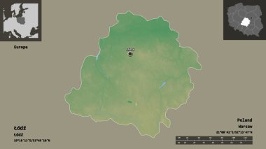 Odz 'un şekli, Polonya' nın Voyvoda 'lığı ve başkenti. Uzaklık ölçeği, ön gösterimler ve etiketler. Topografik yardım haritası. 3B görüntüleme