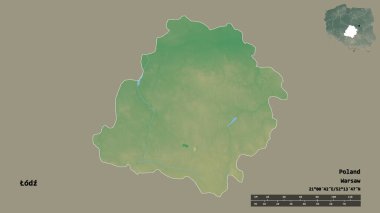Odz 'un şekli, Polonya' nın Voyvoda 'lığı, sermayesi sağlam arka planda izole edilmiş. Uzaklık ölçeği, bölge önizlemesi ve etiketleri. Topografik yardım haritası. 3B görüntüleme