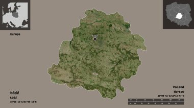 Odz 'un şekli, Polonya' nın Voyvoda 'lığı ve başkenti. Uzaklık ölçeği, ön gösterimler ve etiketler. Uydu görüntüleri. 3B görüntüleme