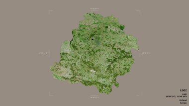 Tuhaf bir bölge, Polonya 'nın Voyvoda' sı, katı bir arka planda izole edilmiş bir sınır kutusunda. Etiketler. Uydu görüntüleri. 3B görüntüleme