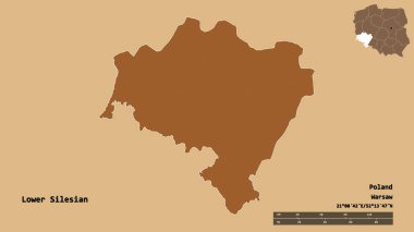 Aşağı Silezya 'nın şekli, Polonya' nın Voyvoda 'lığı, sermayesi sağlam arka planda izole edilmiş. Uzaklık ölçeği, bölge önizlemesi ve etiketleri. Düzenli desenli dokuların bileşimi. 3B görüntüleme