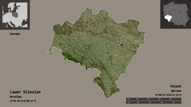 Aşağı Silezya 'nın şekli, Polonya' nın Voyvoda 'lığı ve başkenti. Uzaklık ölçeği, ön gösterimler ve etiketler. Uydu görüntüleri. 3B görüntüleme