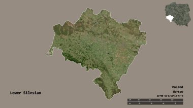 Aşağı Silezya 'nın şekli, Polonya' nın Voyvoda 'lığı, sermayesi sağlam arka planda izole edilmiş. Uzaklık ölçeği, bölge önizlemesi ve etiketleri. Uydu görüntüleri. 3B görüntüleme