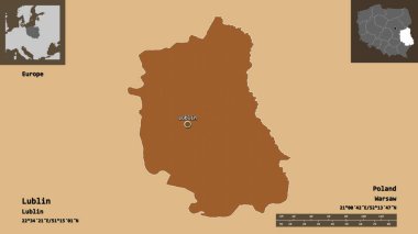 Lublin 'in şekli, Polonya' nın Voyvoda 'lığı ve başkenti. Uzaklık ölçeği, ön gösterimler ve etiketler. Düzenli desenli dokuların bileşimi. 3B görüntüleme