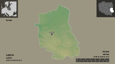Lublin 'in şekli, Polonya' nın Voyvoda 'lığı ve başkenti. Uzaklık ölçeği, ön gösterimler ve etiketler. Topografik yardım haritası. 3B görüntüleme