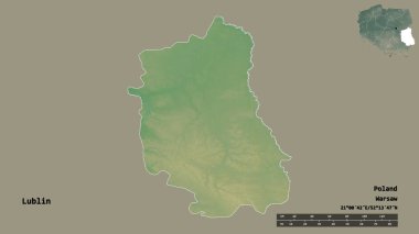 Lublin 'in şekli, Polonya' nın Voyvoda 'lığı, başkenti sağlam bir arka planda izole edilmiş. Uzaklık ölçeği, bölge önizlemesi ve etiketleri. Topografik yardım haritası. 3B görüntüleme