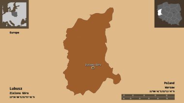 Lubusz 'un şekli, Polonya' nın Voyvoda 'lığı ve başkenti. Uzaklık ölçeği, ön gösterimler ve etiketler. Düzenli desenli dokuların bileşimi. 3B görüntüleme