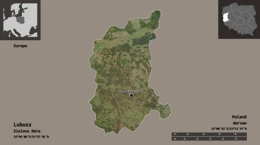 Lubusz 'un şekli, Polonya' nın Voyvoda 'lığı ve başkenti. Uzaklık ölçeği, ön gösterimler ve etiketler. Uydu görüntüleri. 3B görüntüleme