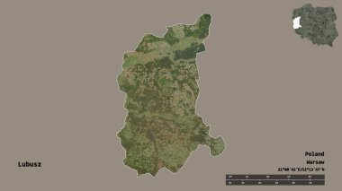 Lubusz 'un şekli, Polonya' nın Voyvoda 'sı, başkenti sağlam arka planda izole edilmiş. Uzaklık ölçeği, bölge önizlemesi ve etiketleri. Uydu görüntüleri. 3B görüntüleme