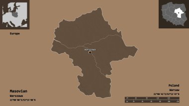 Masovia 'nın şekli, Polonya' nın Voyvoda 'lığı ve başkenti. Uzaklık ölçeği, ön gösterimler ve etiketler. Renkli yükseklik haritası. 3B görüntüleme