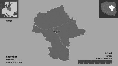 Masovia 'nın şekli, Polonya' nın Voyvoda 'lığı ve başkenti. Uzaklık ölçeği, ön gösterimler ve etiketler. Çift seviyeli yükseklik haritası. 3B görüntüleme